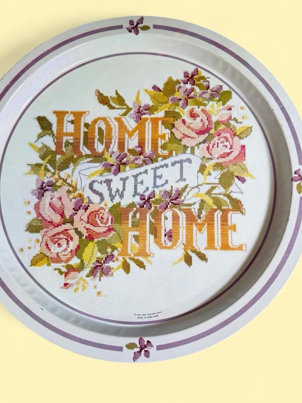 Vintage round Home Sweet Home Floral metal Tray